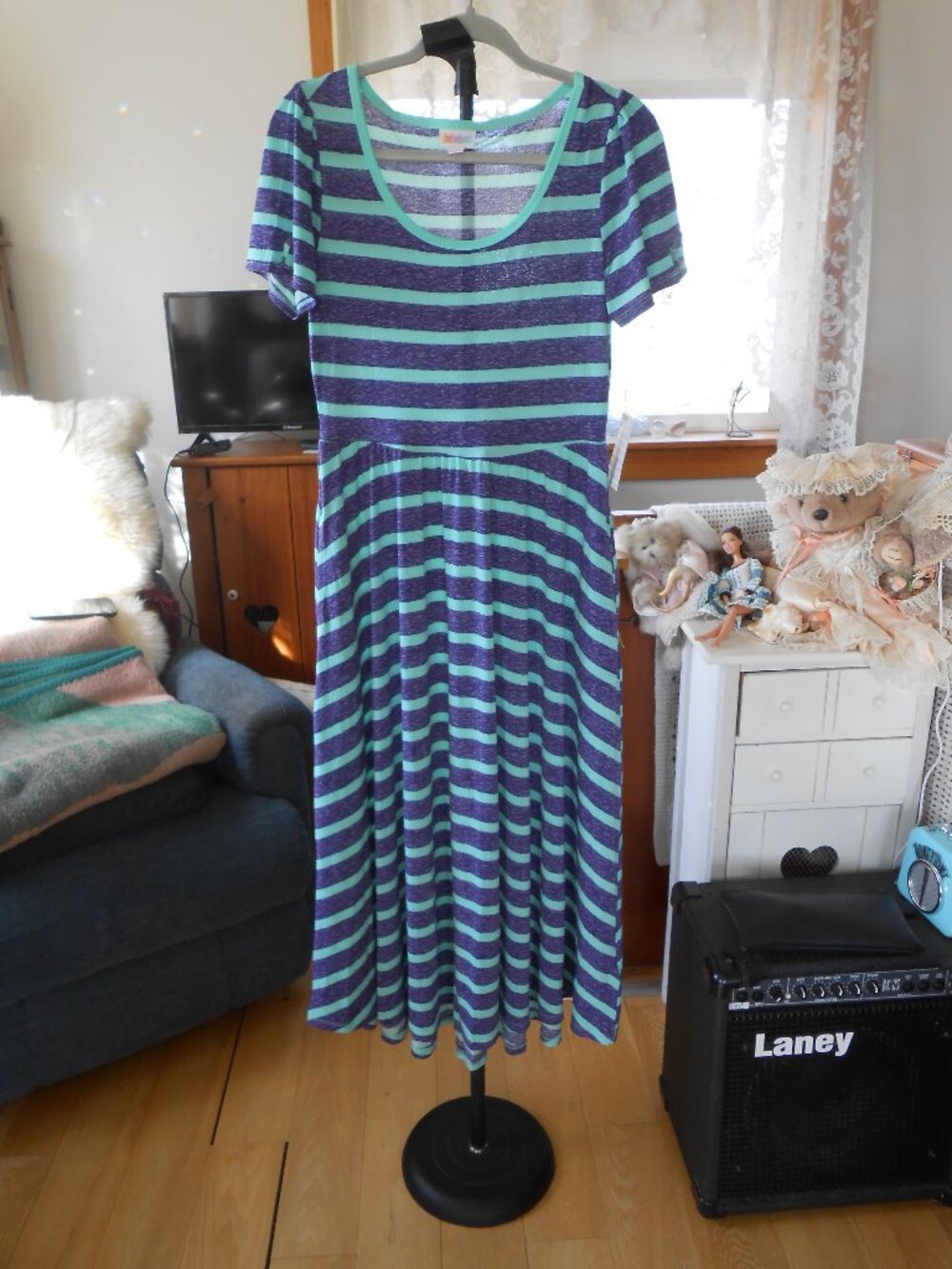 LULAROE RILEY MAXI DRESS-TURQUOISE AND BLUE STRIPED-SIZE S-NEW WITH TAGS!